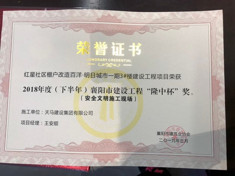 天馬建設(shè)集團(tuán)“襄陽·百洋明日城市一期”項目榮獲襄陽市建設(shè)工程“隆中杯”獎